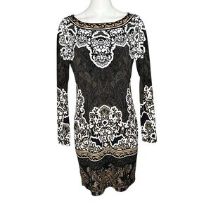 Hale Bob Sheath Dress Long Sleeve Boho Floral Brown Gold Boat Neck Size Medium